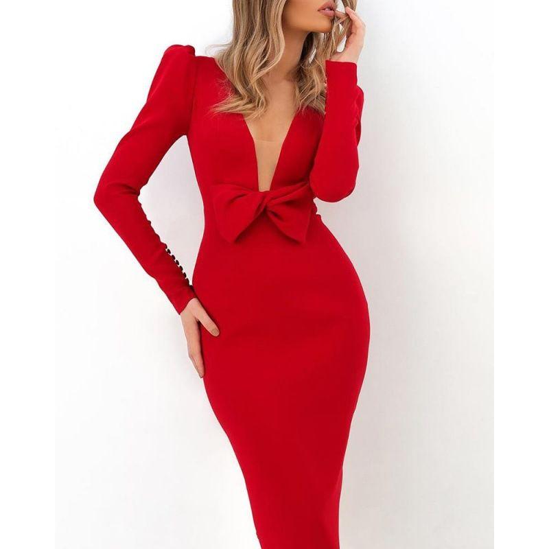 

2023 New Arrival Red for Women Puff Sleeves Deep V Bows Dress Sexy Deep V Dress Red XL