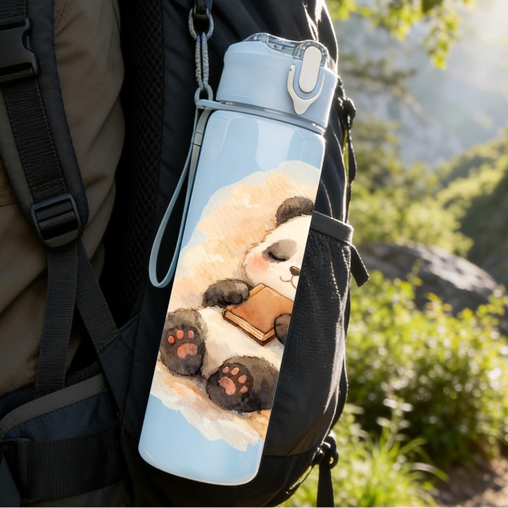 1PC Fluffy Panda Soft Watercolor Print 750ml Color Plastic Sports Water Bottle Leakproof Flip Straw Lid Suitable for Sports Office Home Use