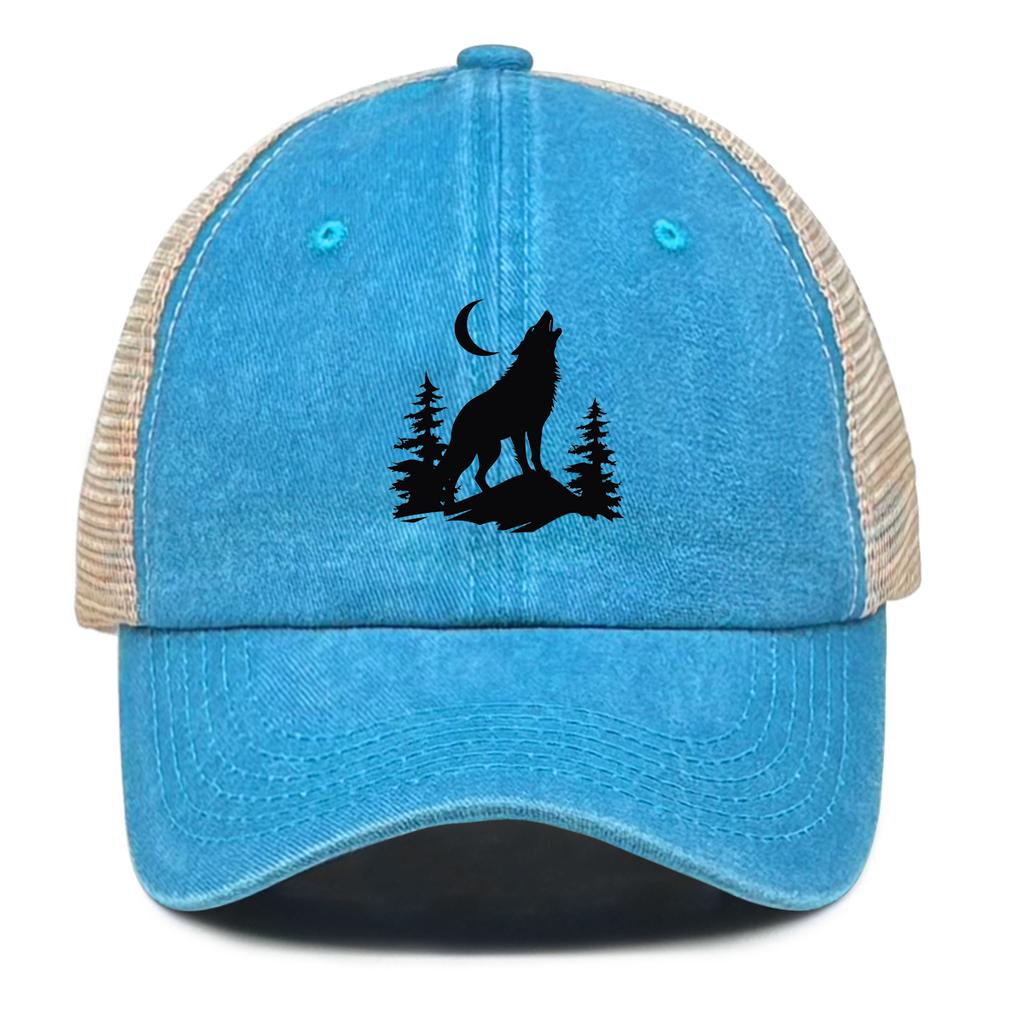 Howling Wolf Snapback Mesh Cap Forest Wolf Trucker Cap Solid Color Non-Stretch Fabric Adjustable Baseball Hat For Women & Men