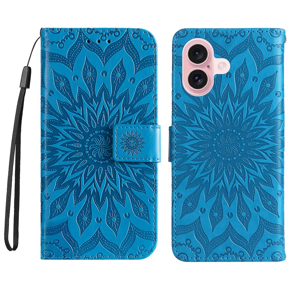 

For iPhone 16 Plus Phone Case Sunflower Imprinted Leather Wallet Stand Cover with Strap Blue