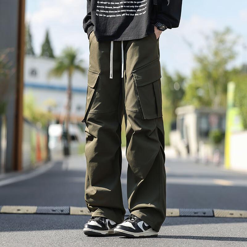 SWAMP AREA Men's Windproof Workwear Pants Spring Autumn American Street Style Draped Straight Loose Fit Trousers KS381 Military Green S