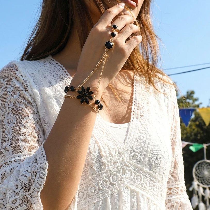 Light Luxury Black Zircon Flower Connected Finger Ring Bracelets for Women Red Green Flowers Link Chain Bracelet Party Jewelry