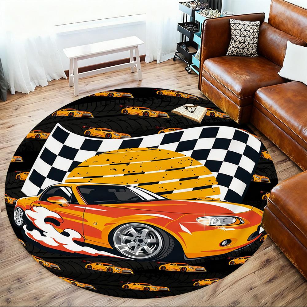 1PC Race Car Flag Round Chair Mat Area Rug - Non-Slip, Floor Mat for Office, Bedroom, and Indoor Decor -Gift D1127221