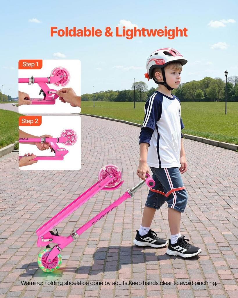 Kick Scooter for Kids Ages 3+, 2-Wheel Toddler Scooter with Light-Up Wheels, Adjustable Height Handlebar, Wide Anti-Slip Deck, Foldable Lightweight