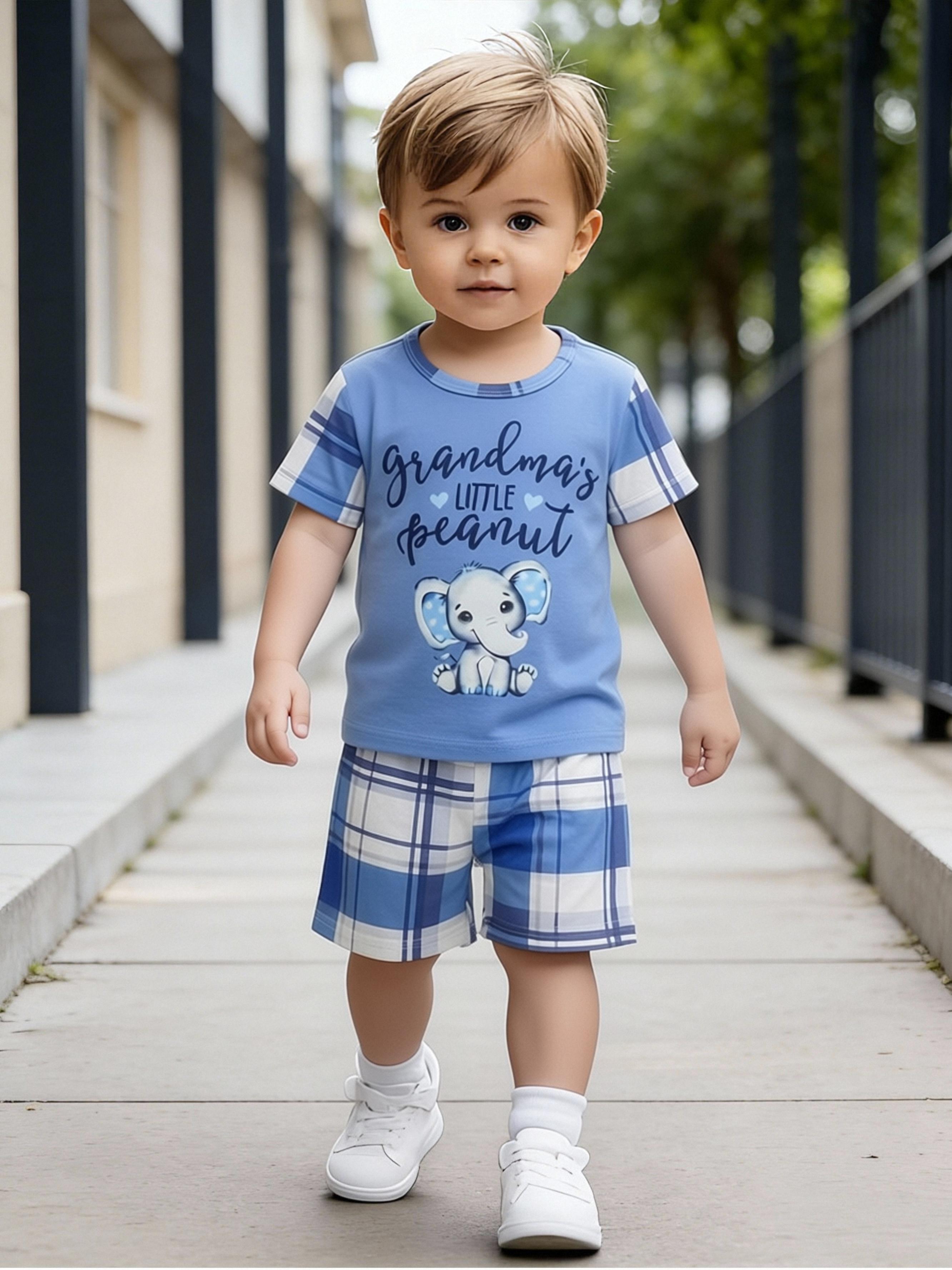 

Toddler Boys Cute Elephant & Plaid Print 2-Piece Outfit, Summer Blue Casual Clothes for Kids, Perfect for Playwear & Outdoor 5-6Y синій