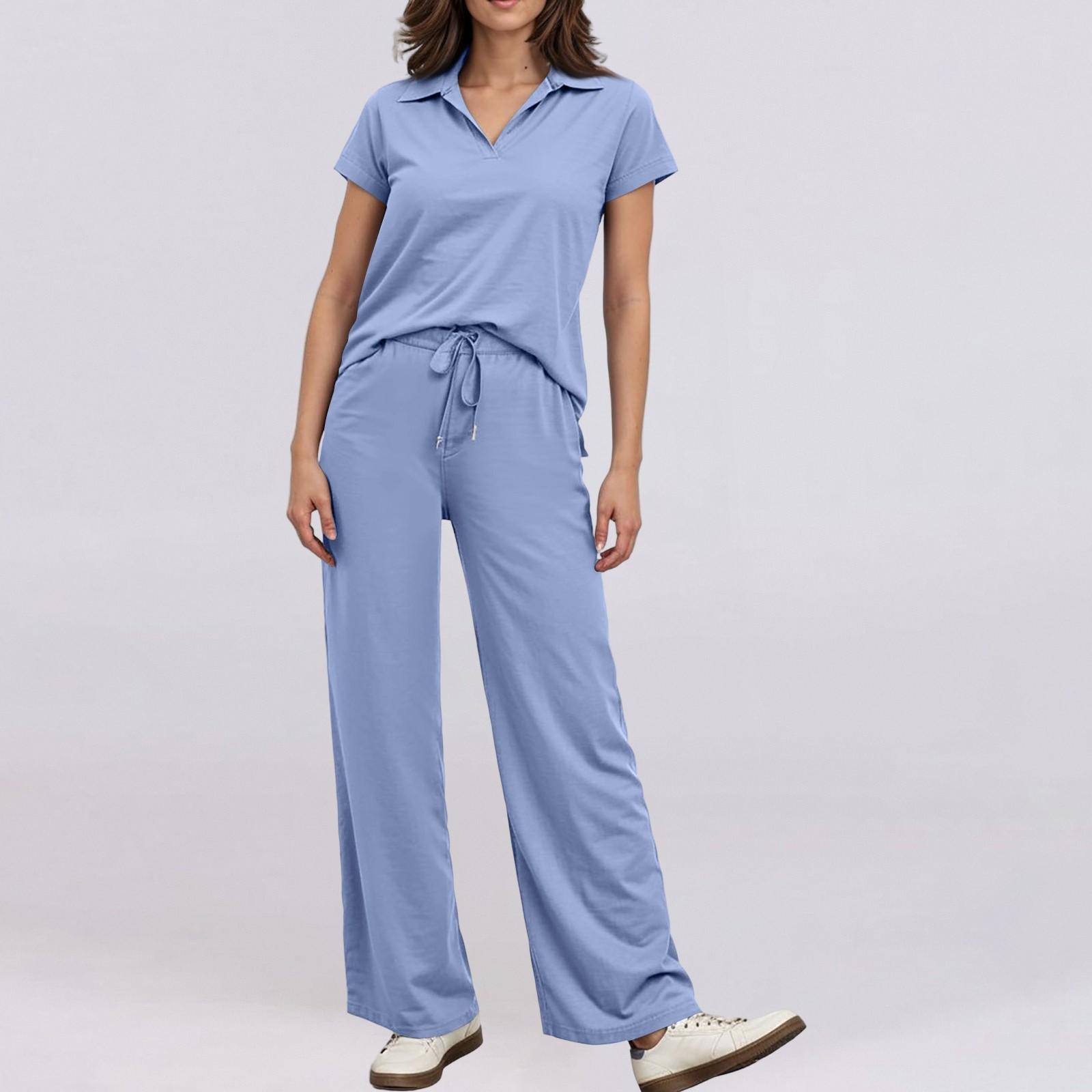 

Женские комплекты из 2 предметов, летние топы с короткими рукавами и рюшами и широкие брюки, спортивный костюм, одинаковые наряды L синий