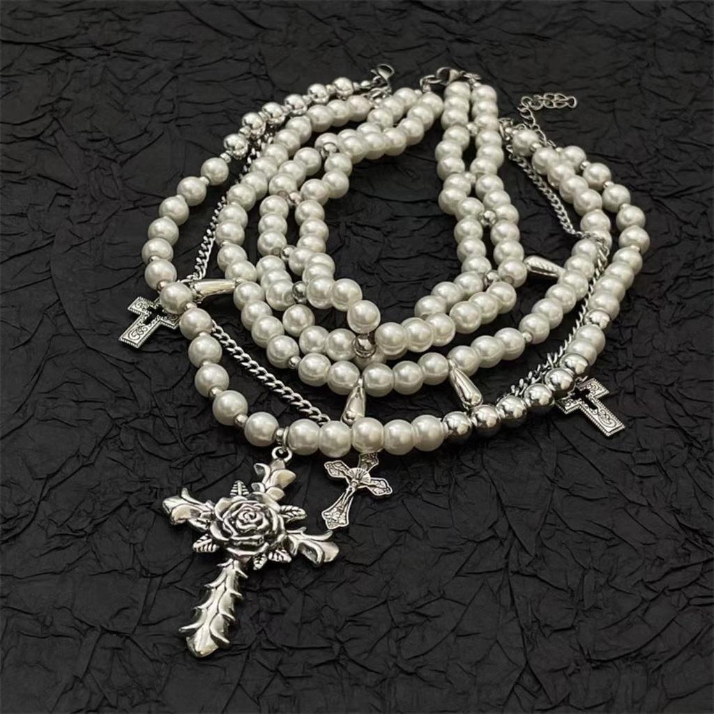 Light luxury high-end thorns rose cross pendant beaded necklace niche design multi-layer stacking heavy industry necklace