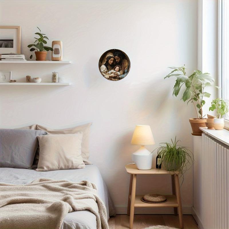 Holy Family" Round Wooden Sign, Perfect for Home & Office Decor, Living Room, Bathroom, Bar, Cafe, Versatile Holiday Wall Art