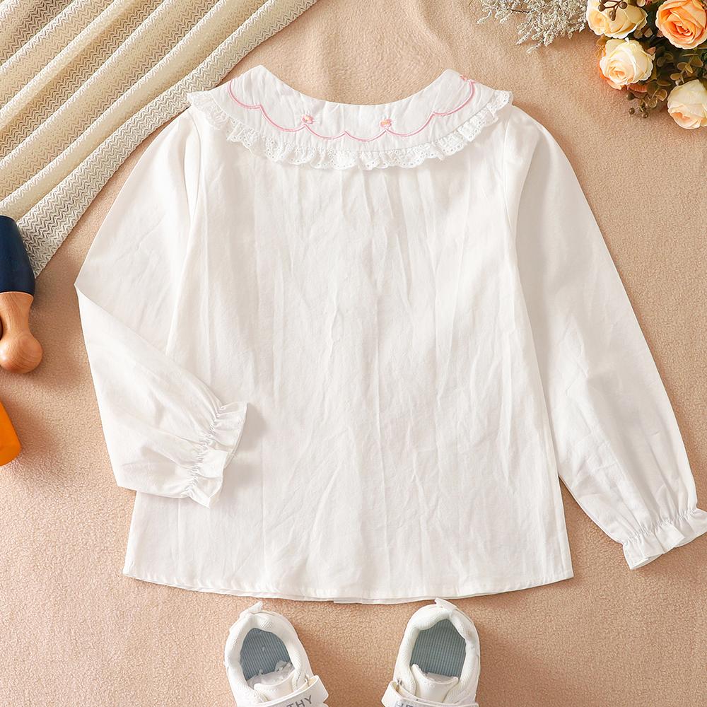 Girls White Shirt 100% Cotton 5-12T Embroidered Ruffled Collar Lace Trim Long Sleeved Top Kids Back To School Clothes