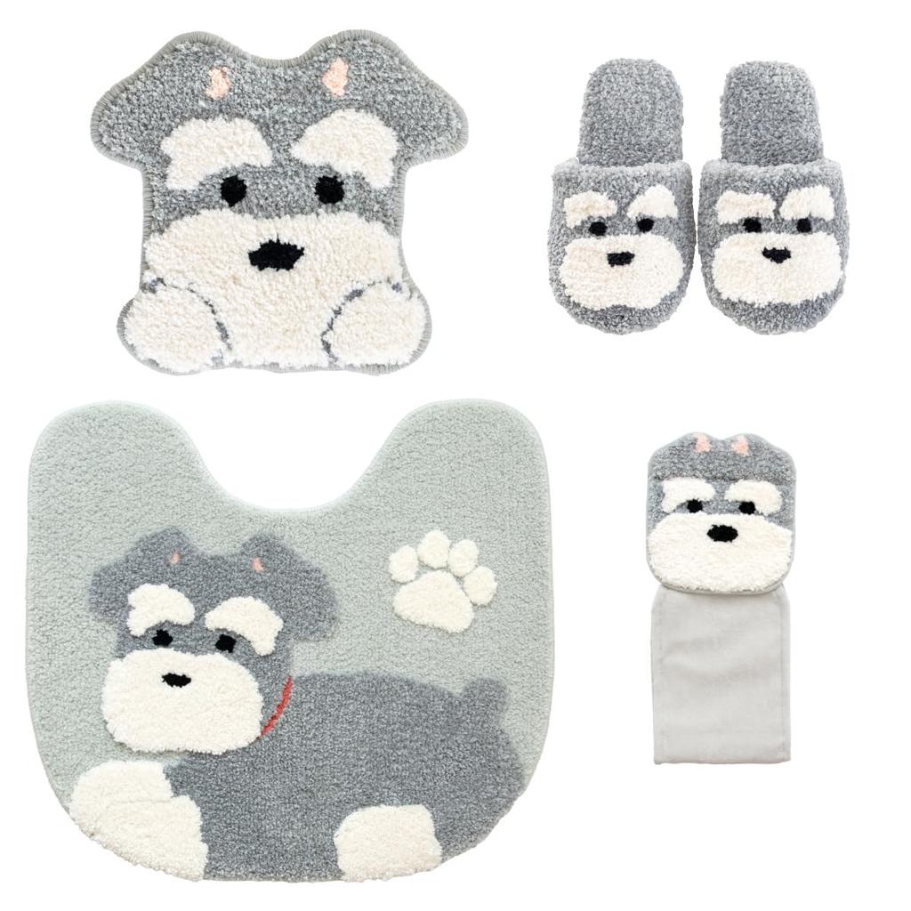 4-Piece Toilet Mat Set with Adhesive, Paper Holder Cover, Slippers, and Toilet Decor. Schnauzer Dog Design. Fundit Animal Design.