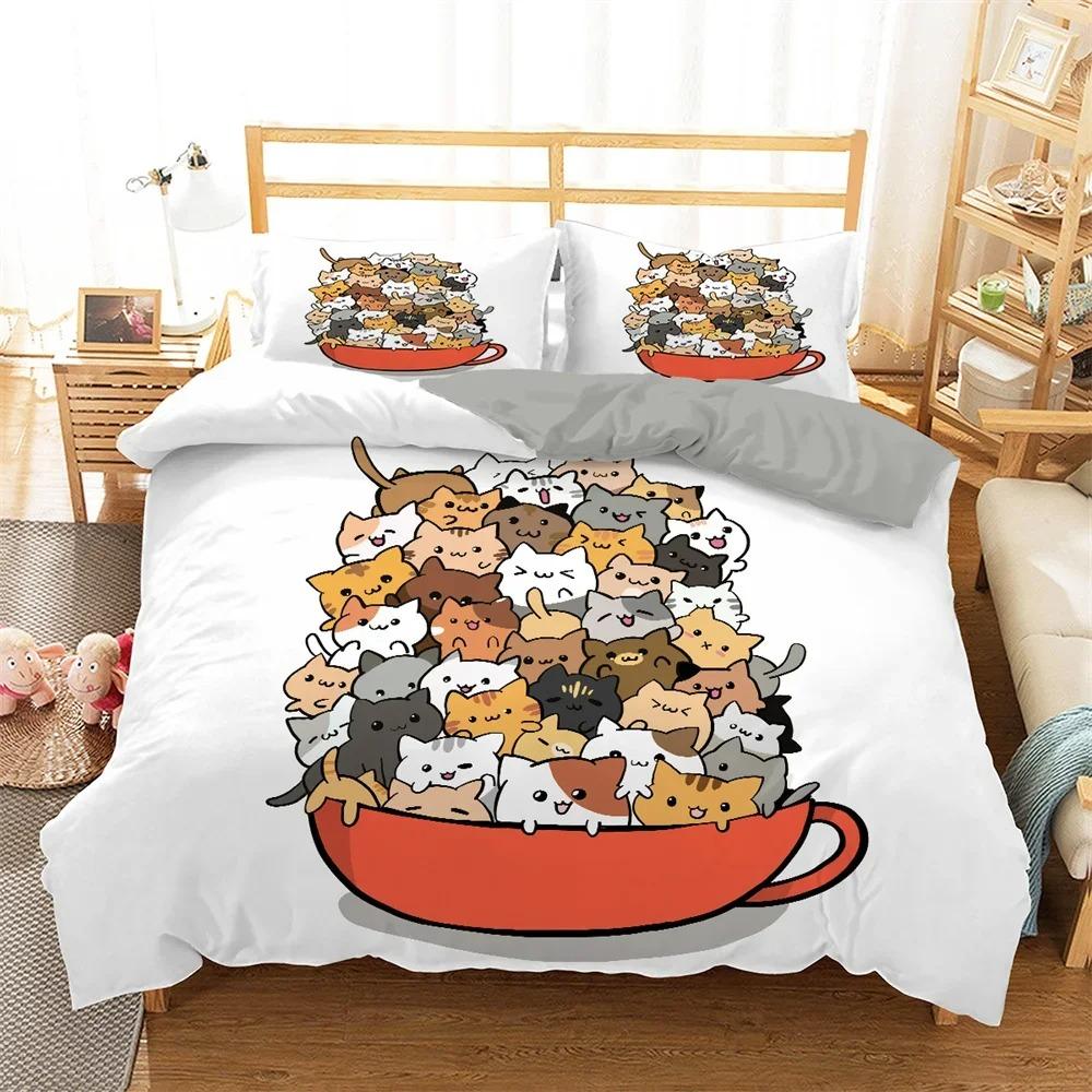 Conjunto de cama de gato de desenho animado infantil Kawaii Kitty Capa de edredom colorida para animais de estimação Capa de edredom King Twin Queen Capa de edredom de poliéster