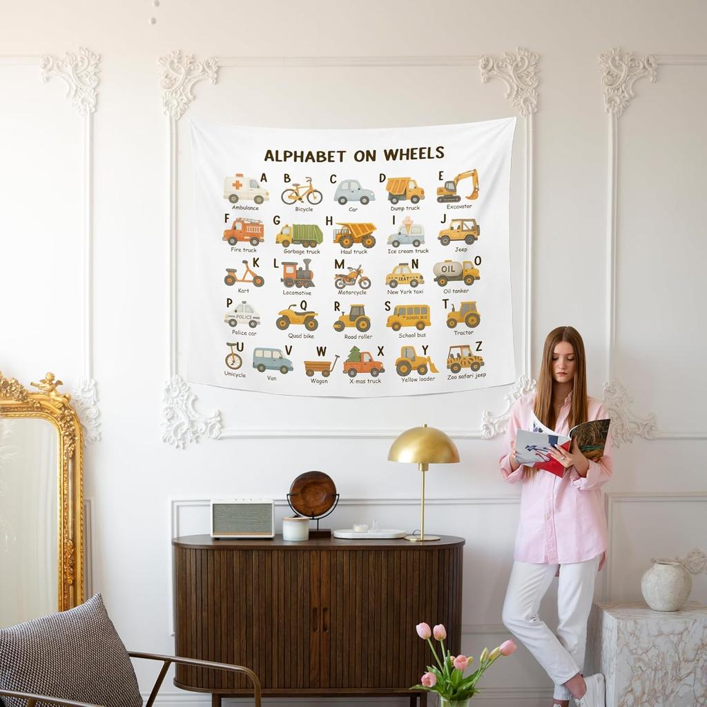 Classroom Car Alphabet Wall Tapestry Hanging For Boys Room, Nursery Traffic Transportation Tapestries, Rustic Cute Abc Truck