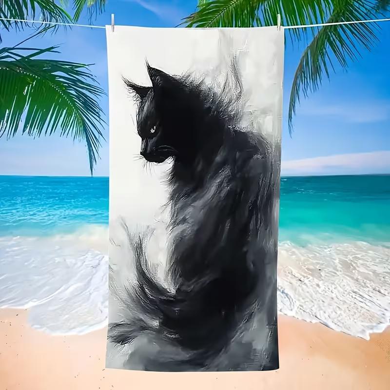 Cartoon Schwarzgraue Katze Aufdruck Strandtuch Schnelltrocknend Sandfest Weiches Saugfähiges Handtuch für Sommer Strand Pool Reisen Camping