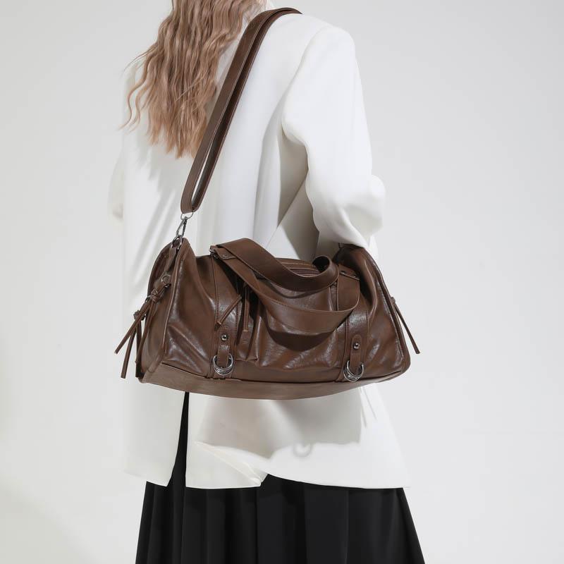 Faux Leather Duffel Bag Women's Fashion Shoulder Tote with Front Zip Pocket