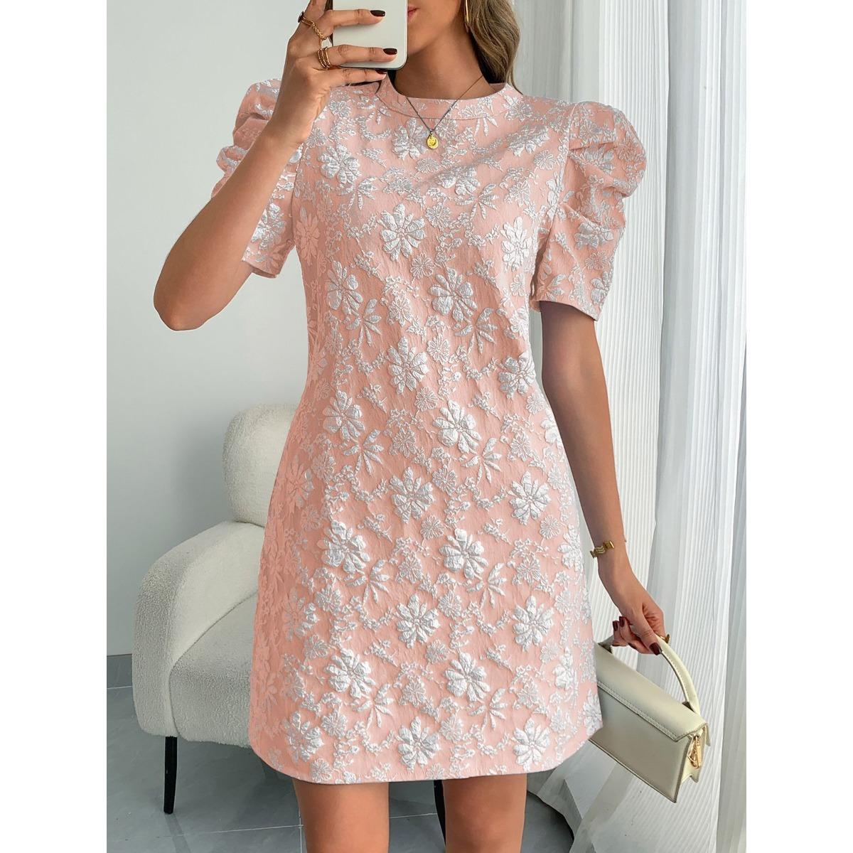 Women s Crew Neck Puff Short Sleeve Straight Mini Dress Loose Fit Floral Embossed Jacquard Casual Dress S