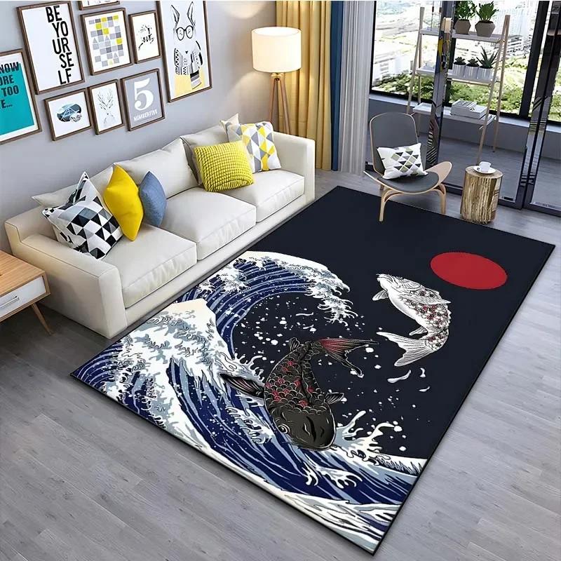 1PC Japanese Art Kanagawa Waves Carpet for Living Room Home Decor Large Area Rug Bedroom Floor Rug Non-slip Easy Washable Mat