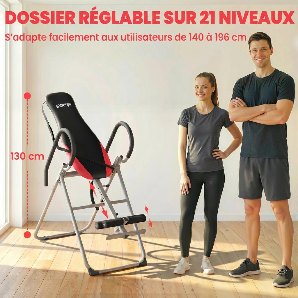 Inversion Table, Folding Steel, 0-90, Adjustable Peg Lock, 122 x 59 x 130 cm, Red