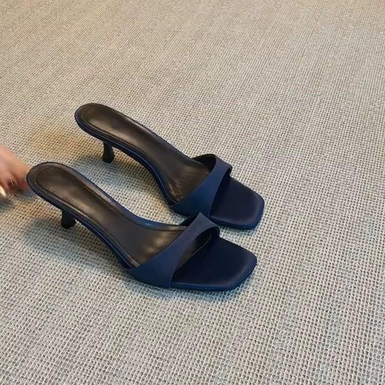 Leather French high-heeled square-head one-word slippers for women's outer wear 2025 new summer open-toed stiletto sandals