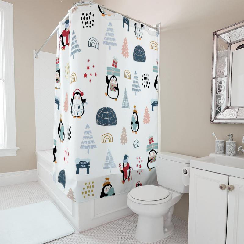 Tu Penguin Shower Curtain Winter Themed Waterproof Bathroom Decor Cute Blue Snowman Holiday Festive Fabric Backdrop For Washroom