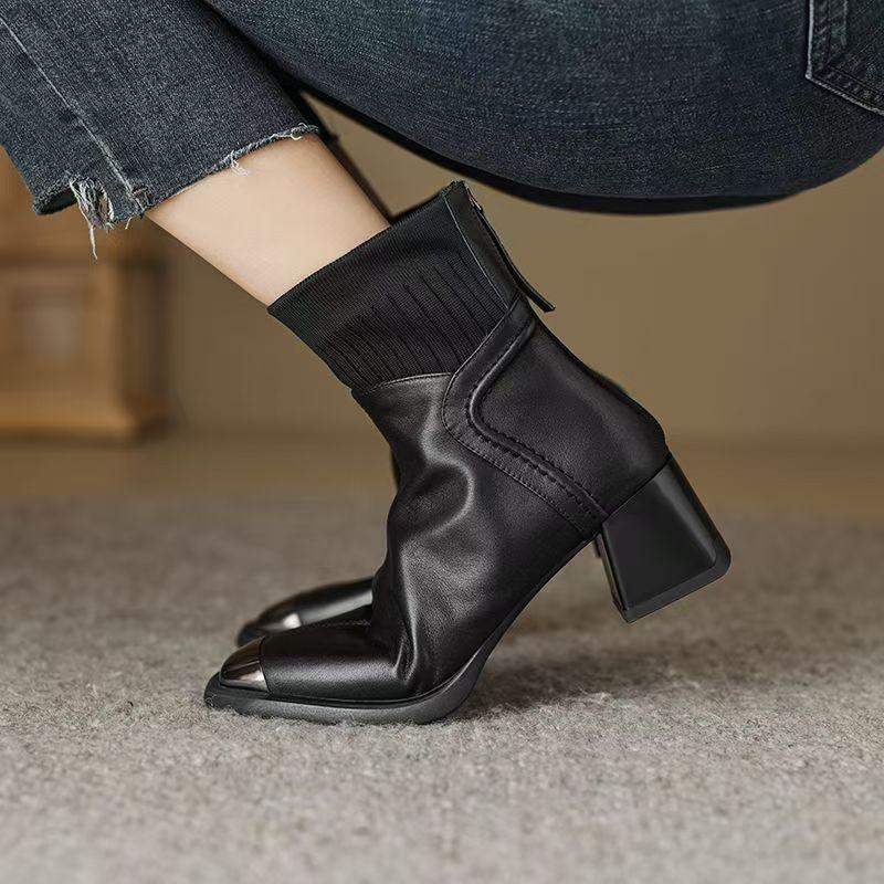 New Women Short Boots Back Zip Zipper Luxury Designer Ladies Rubber High Heel Fashion Pointy Ankle Boot Pointed Toe PU Meta