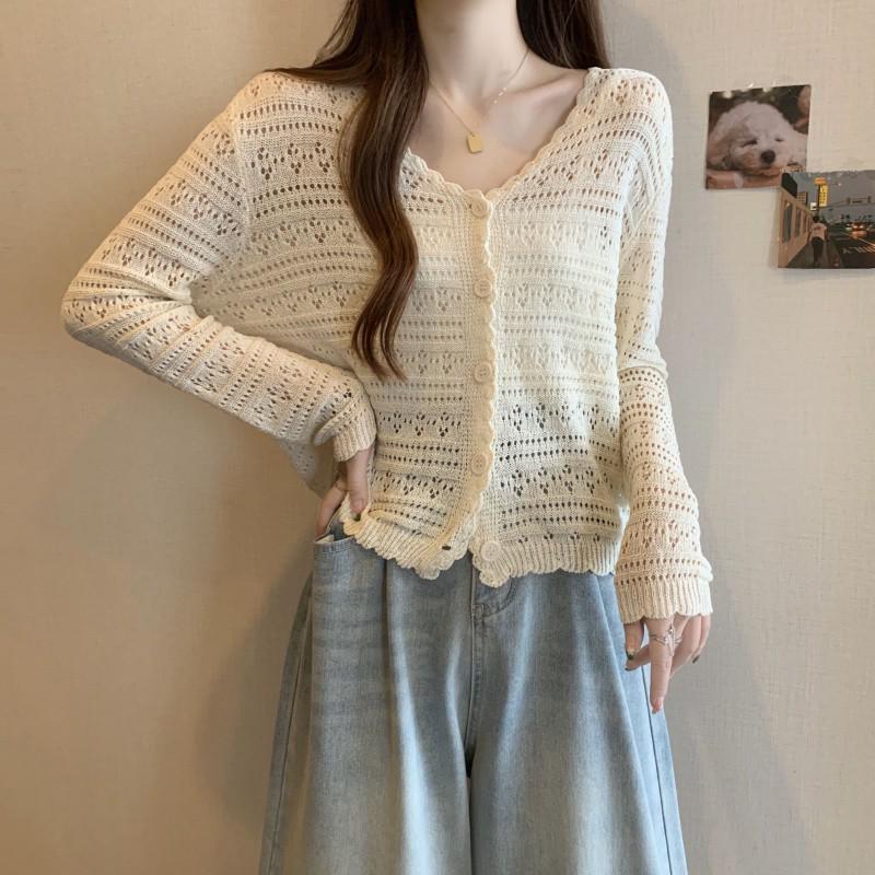 2025 Women's Plus Size Ice Silk V-Neck Knit Cardigan - Summer Sun Protection, Solid Color, Thin, Hollow-Out Short Shawl Jacket