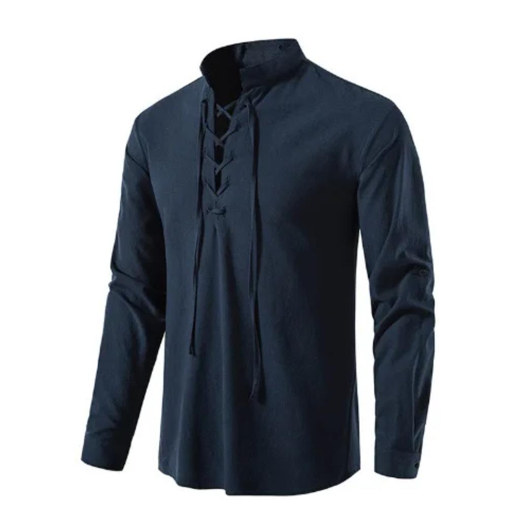 Men Cotton Linen Lace Up Long Sleeve Solid Blouse Shirts Summer Male Solid Loose Pullover Blouse Tops ARJ-A1776