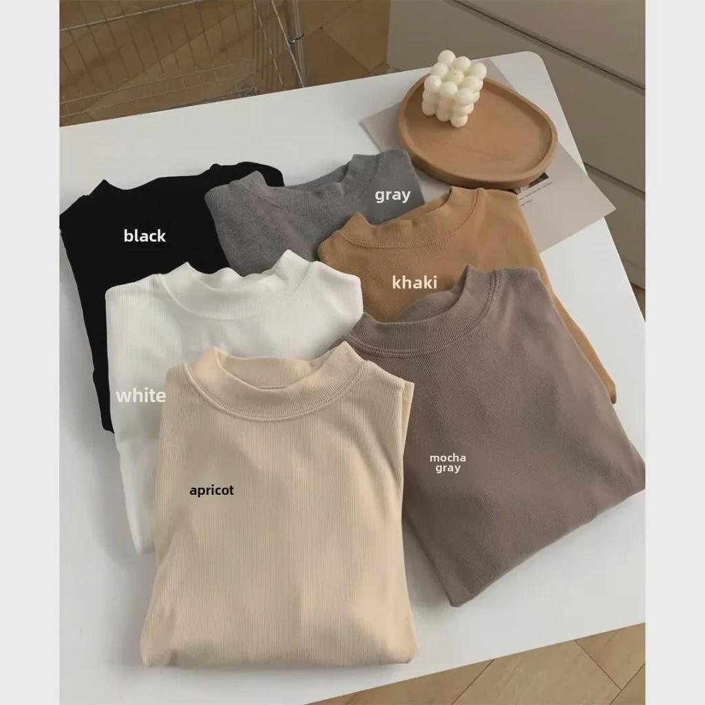 Women's White Cashmere Slim-Fit Long-Sleeve T-Shirt with Stand-Up Collar - Autumn/Winter Velvet-Brushed Solid Color Top