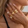 Salircon 5 Pcs Exquisite Imitation Pearl Irregular Adjustable Open Ring Set Trendy Hollow Geometry Stackable Finger Ring Jewelry