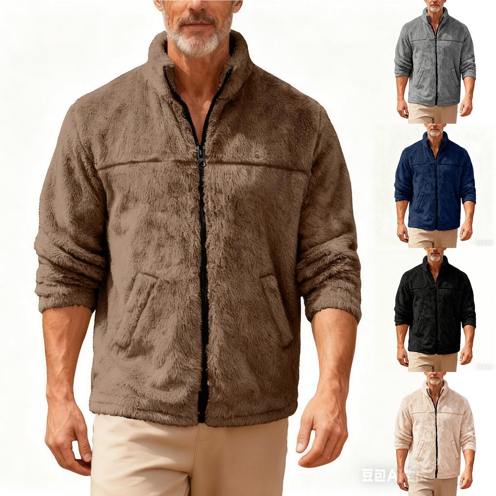 Men's Casual Solid Color Stand-up Collar Fleece Jacket, Men's Loose Zipper Long-sleeved Fleece Jacket
