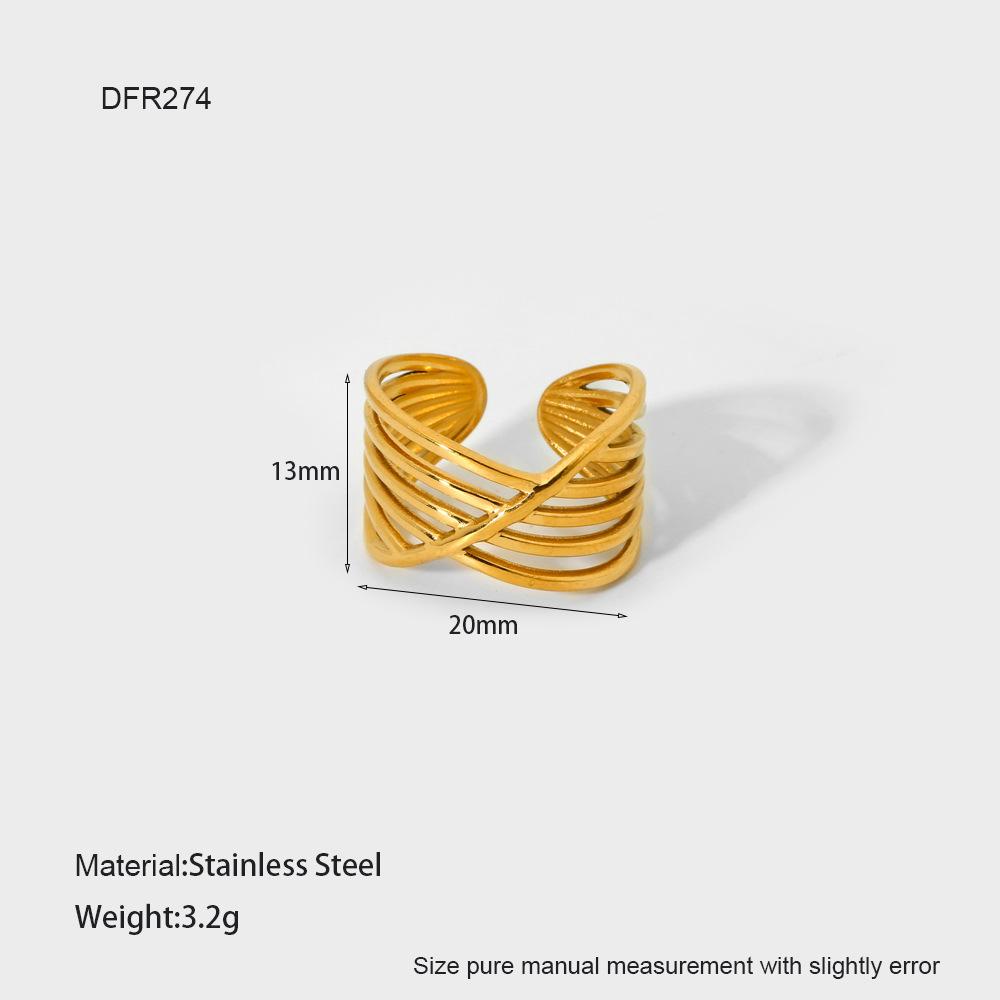 European and American diamond wave cross-line openwork openwork ring for women, 18k gold plated stainless steel wide-face ring