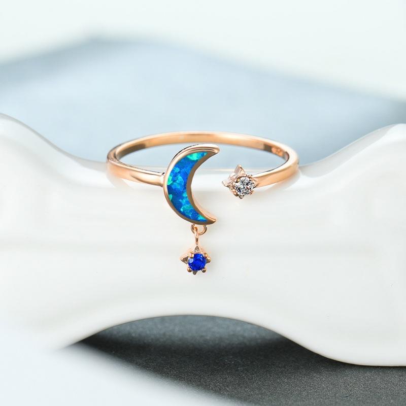 Rose gold blue and white star and moon a white diamond a blue diamond women s versatile ring no. 6