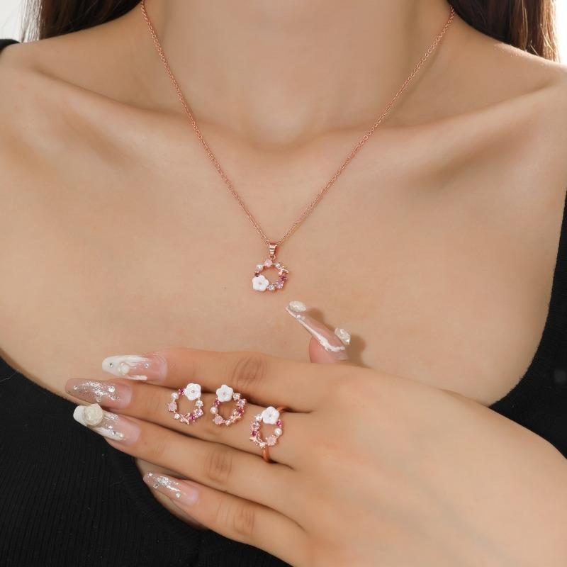 Simple Ornate Exquisite Necklace Ring Earrings Zircon Set 4 Pieces Rose Gold-color Lady Flower Fashion Accessories Zircon