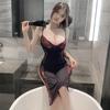 Sexy deep V lace temperament split ends erotic underwear temptation pure desire perspective suspender nightdress set