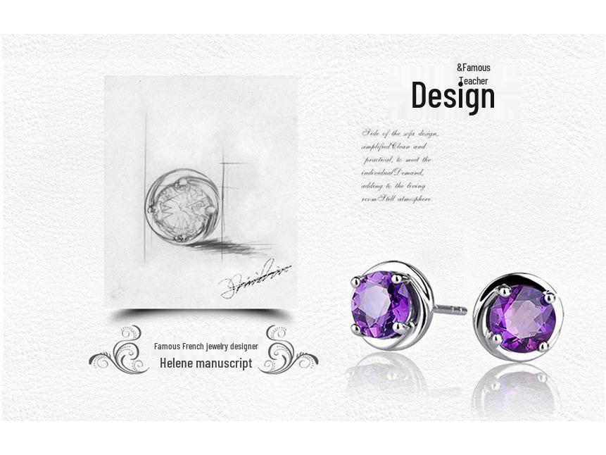 S925 Sterling Silver Amethyst Round Four-Claw Crystal Stud Earrings