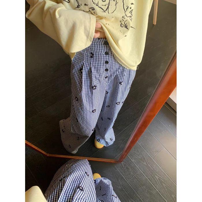 

Летние ленивые и расслабленные новые фасоны вышитых клетчатых брюк с широкими штанинами для женщин с эластичной талией, повседневные брюки большого размера XL