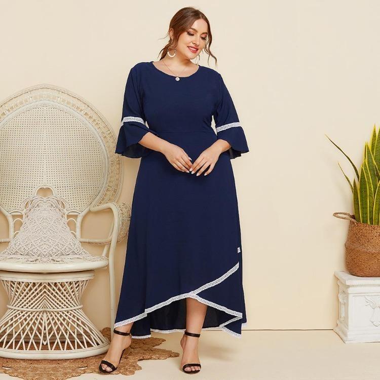 

Loose Plus Size Dress Women Solid Color Round Neck Mid Sleeve Lace Stitching Spring Autumn XL 4XL XL темно-синий
