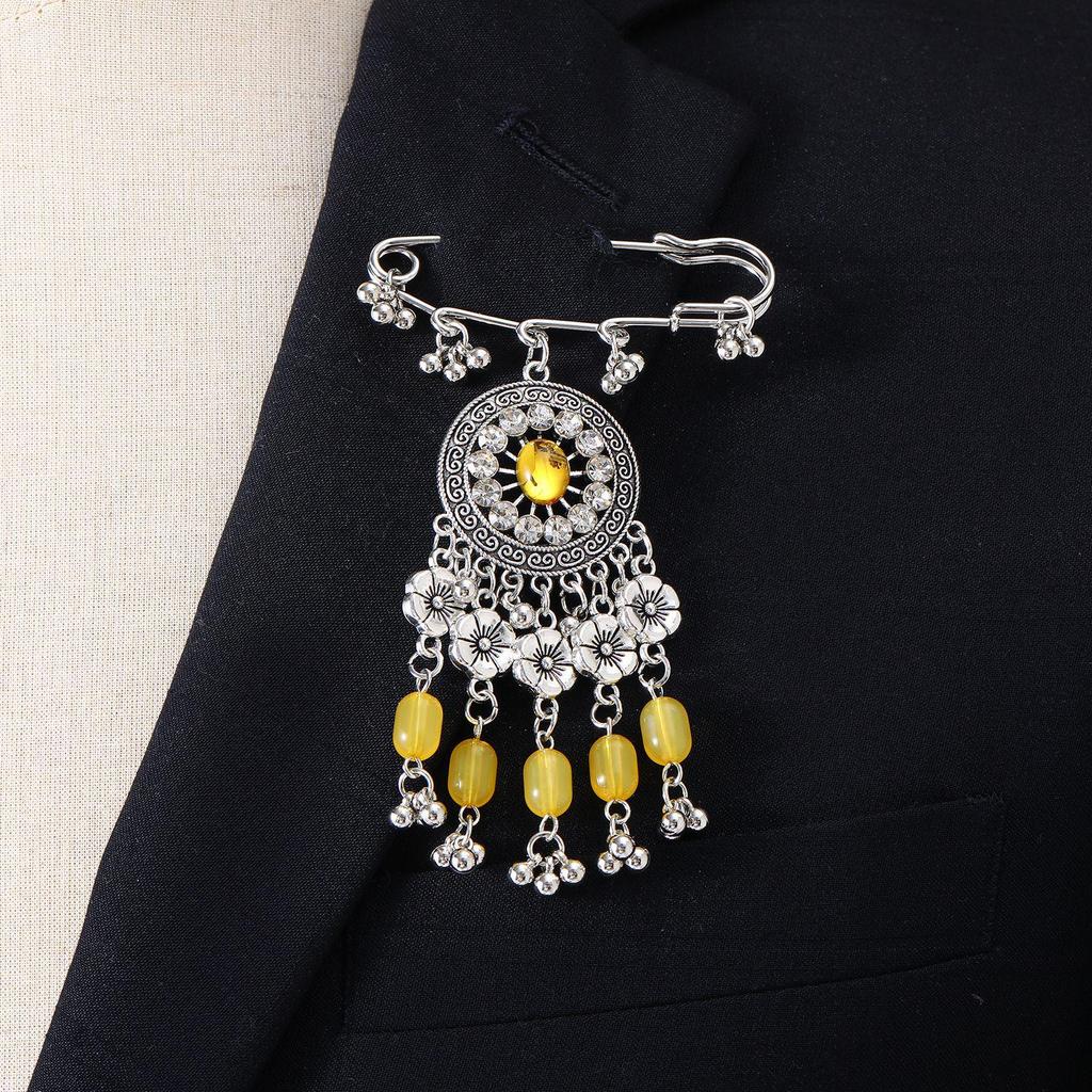 Bohemian Rhinestone Flower Tassel Brooch for Women - Exotic Style Suit Coat Pin