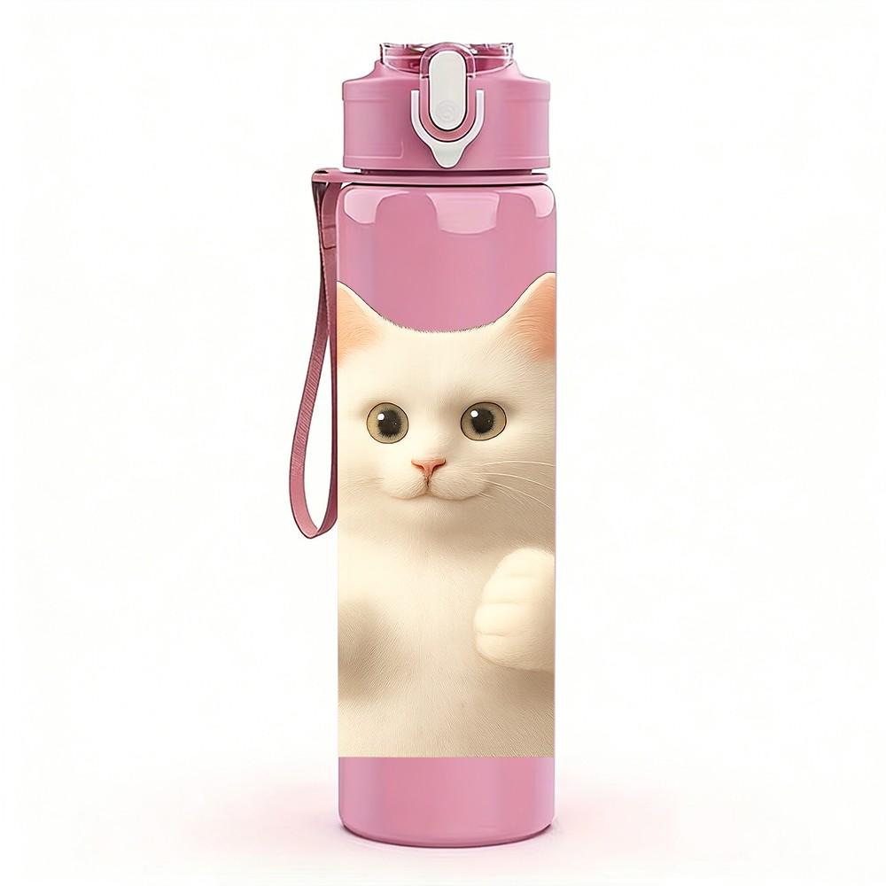 1PC Thumbs Up White Cat Bust Print 750ml Color Plastic Sports Water Bottle Leakproof Flip Straw Lid For Sports Office Home Use