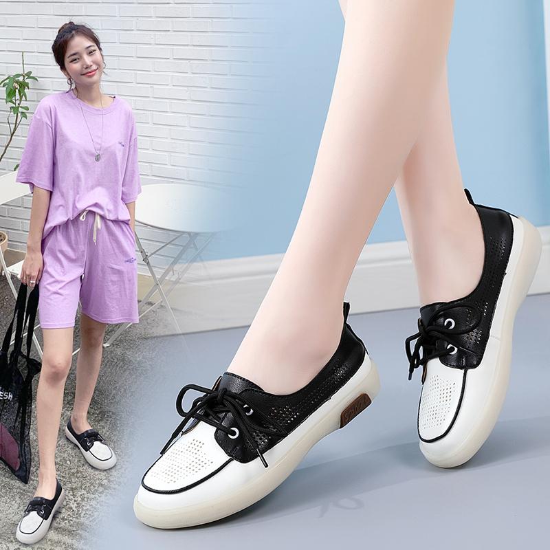 Fashion Circle Boat Shoes Women Genuine Leather Loafers Moccasins Lace-up Flat Shallow Solid Flat with Slip On Sandals Round Toe Ankle F