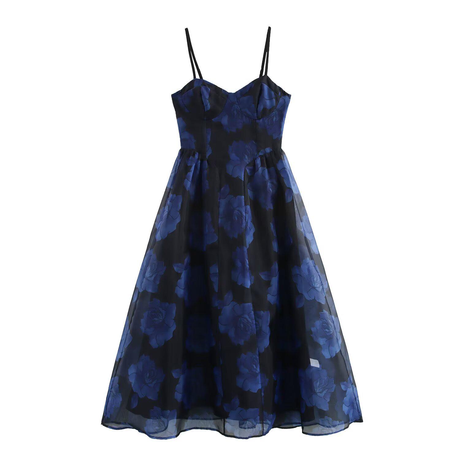 

Весна 2025 Женское платье в европейском и американском стиле, приталенное, на бретелях-спагетти Large синий