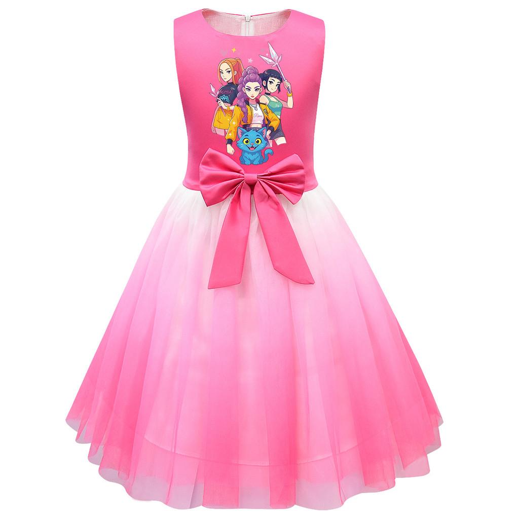 Kinder Mädchen Prinzessin K-POP Rumi Zoey Mira Print Schleife Ärmellos Mesh Tutu Kleid