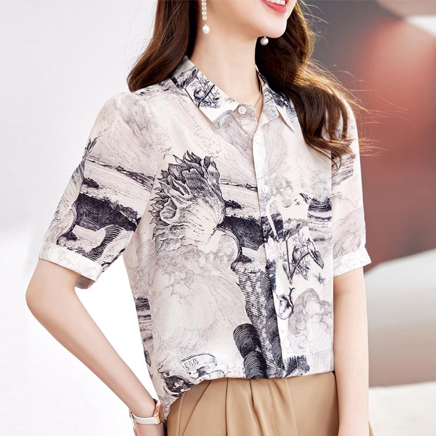 

Блузка из двойного крепа с коротким рукавом из принтованного шелка Летняя Новинка Топ из шелка тутового дерева Женский 2XL