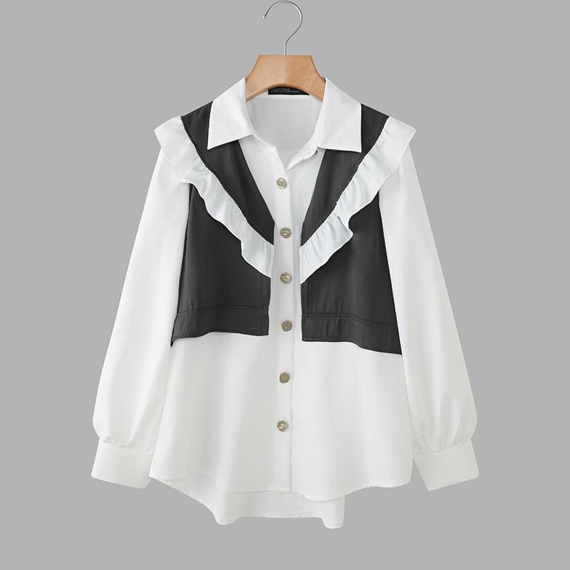 

Жіноча повсякденна блуза в стилі печворк з відкладним коміром і довгим рукавом ZANZEA 4XL темно-сірий