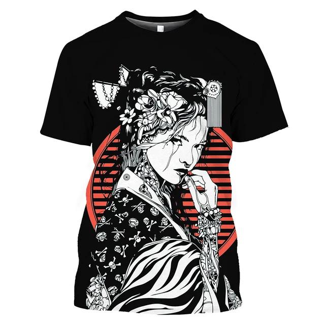 Summer Fashion Japanese Geisha Cool T Shirt Men Casual Fun Personality Harajuku Printed Round Neck Short Sleeve Streetwear Top