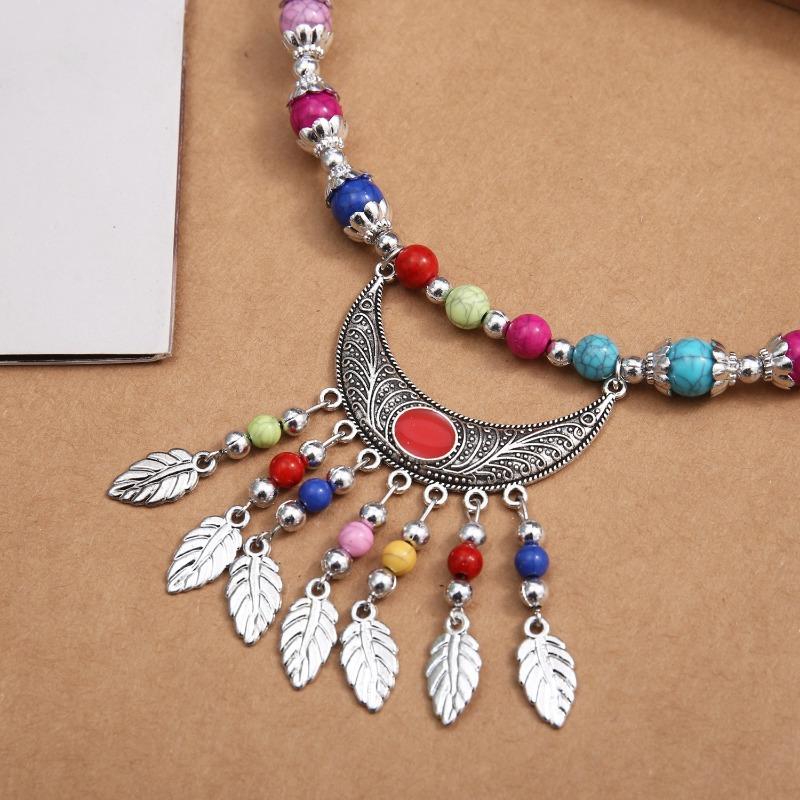 1PC Ethnic Style Color Splitting Text Beads Oil Dripping Alloy Necklace Bai Chain Bell Pendant Collar Headdress