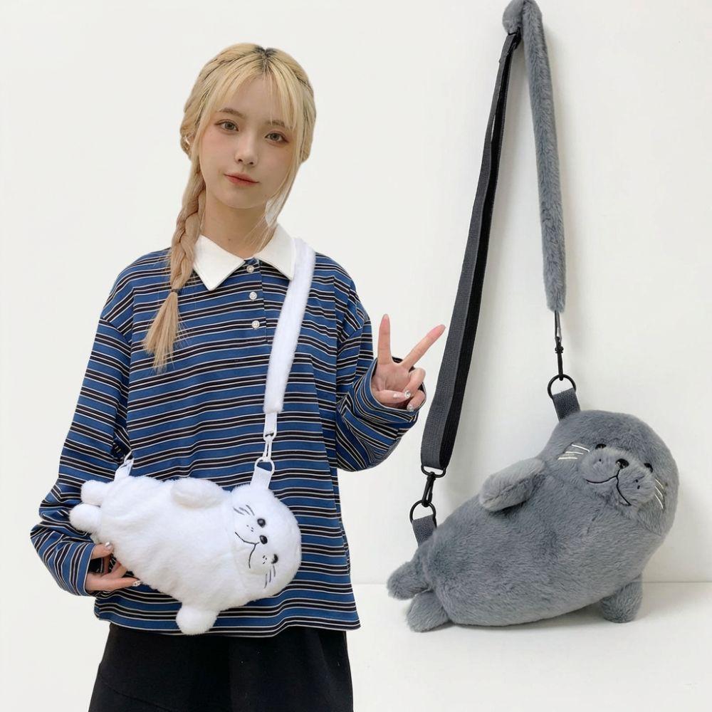 Soft Fluffy Cute Seal Shoulder Bag Cartoon Adjustable Straps Crossbody Bag Fabric Lightweight Phone Bag Women's Accessories