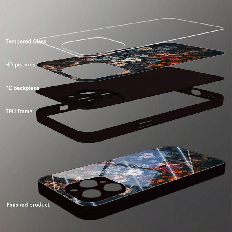 Retro Blumenmuster Anti-Drop Schutz Hülle aus gehärtetem Glas Schwarzes Handycase für Samsung Galaxy S25 S24 S23 Ultra Plus FE Harte Abdeckung