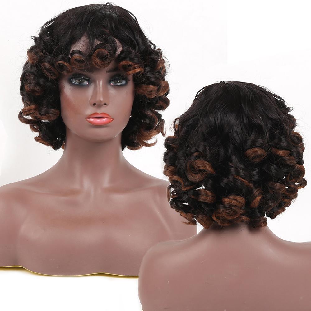 Bybrana Short Curly Hair Bangs Daily Wear Synthetic Hair Personality Wig
