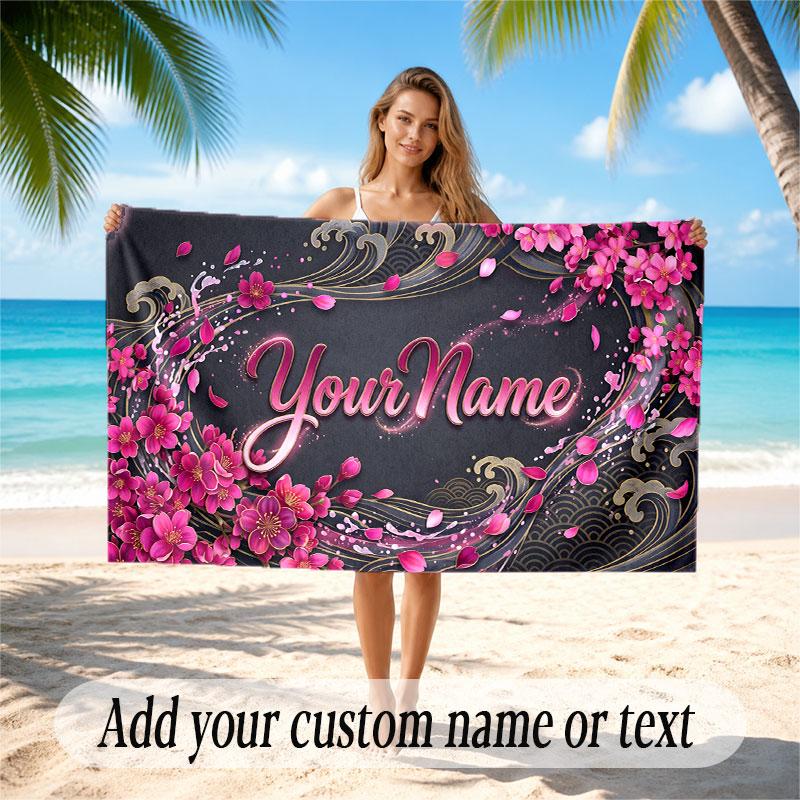 Floral Garden Theme Soft Beach Towel Personalized Custom Name Text Towel Portable for Beach Pool Travel
