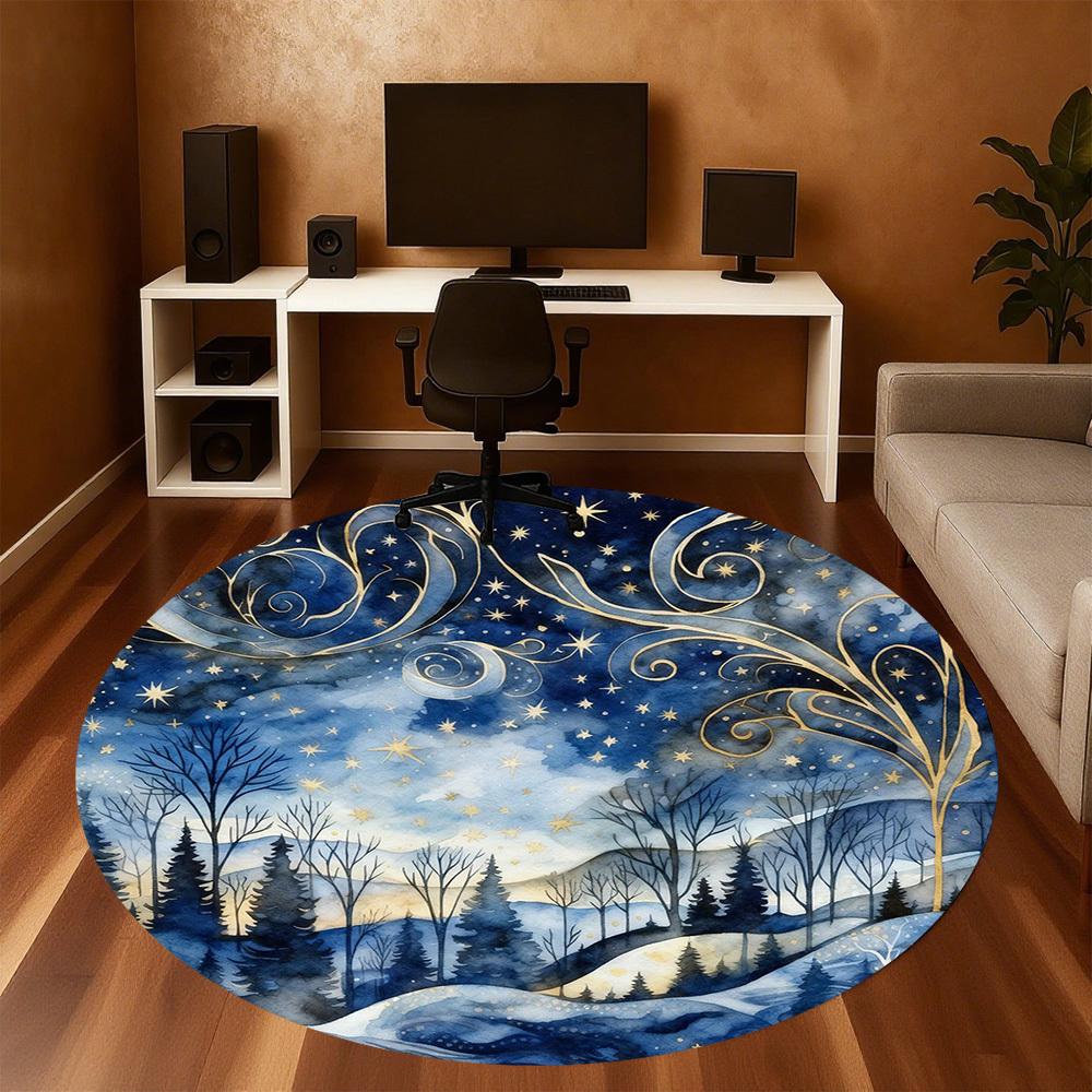 1pc Winter Landscape Stars Round Chair mat office Area Rug - Non-Slip, Floor Mat for Office, Bedroom, Ideal home decor gift p0105014